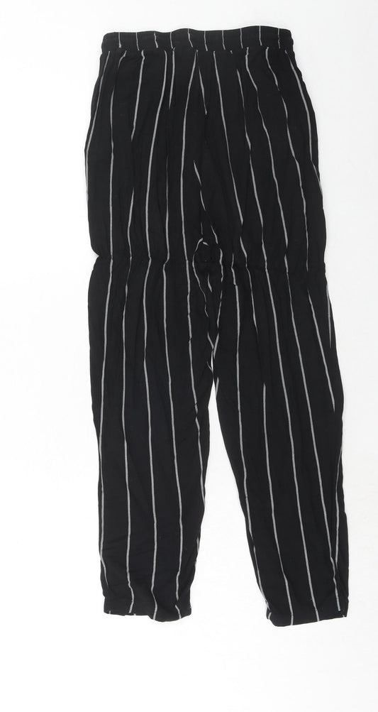 PRETTYLITTLETHING Womens Black Striped Viscose Trousers Size 8 Regular Drawstring