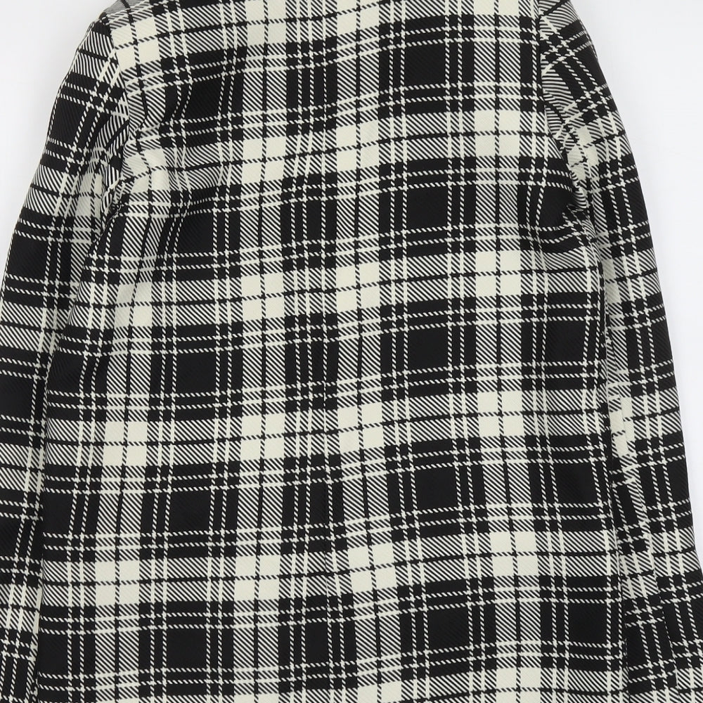Brand and care label for ASOS women’s black plaid polyester jacket blazer, size UK 4