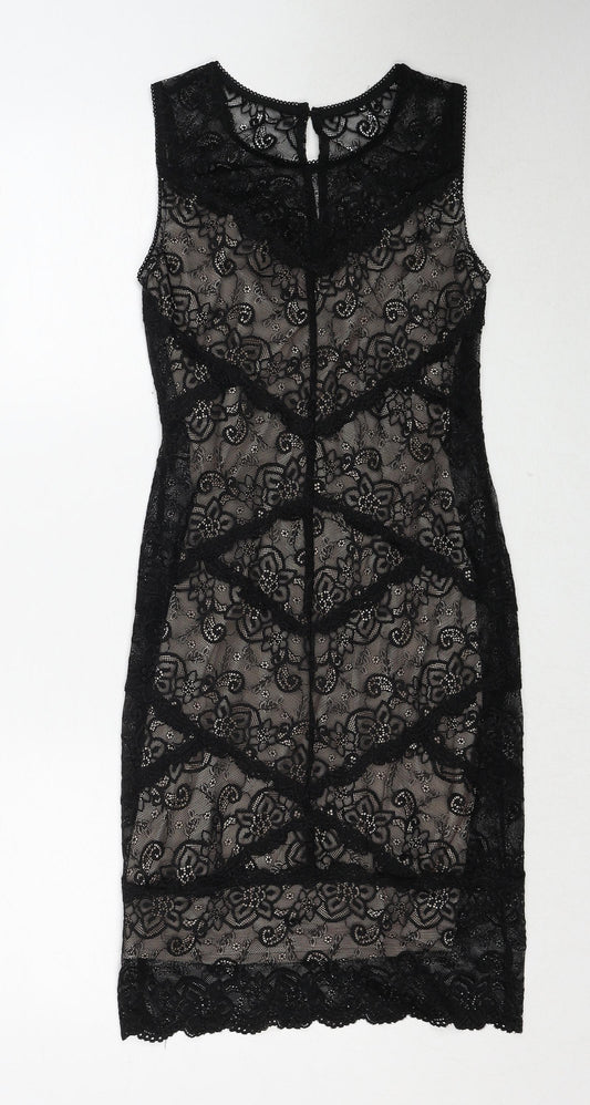 Oasis Womens Black Geometric Polyamide A-Line Size XS Round Neck Button