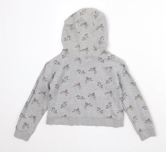 NEXT Girls Grey Geometric Cotton Pullover Hoodie Size 8 Years Pullover - Unicorn Print