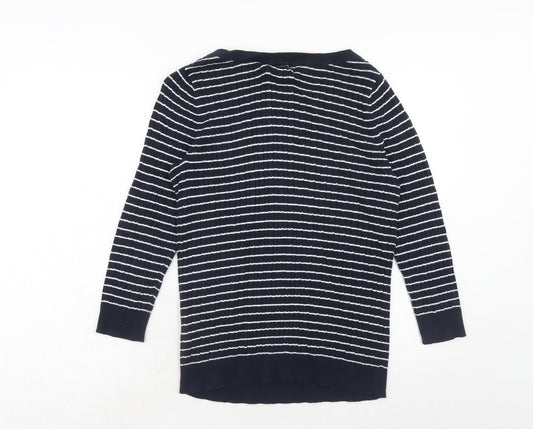 Jones New York Womens Blue Round Neck Striped Cotton Pullover Jumper Size L