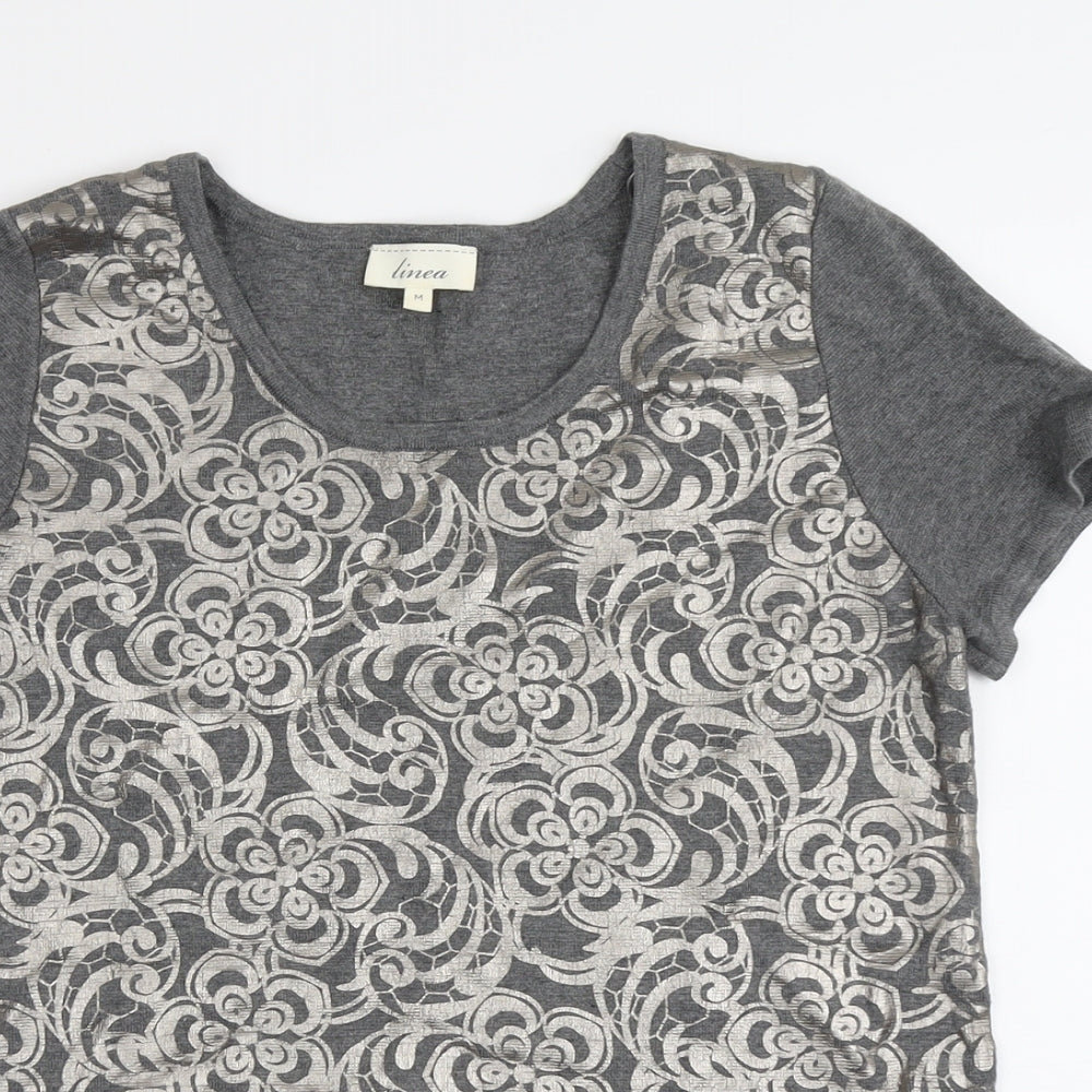 Linea Womens Grey Floral Viscose Basic T-Shirt Size M Scoop Neck