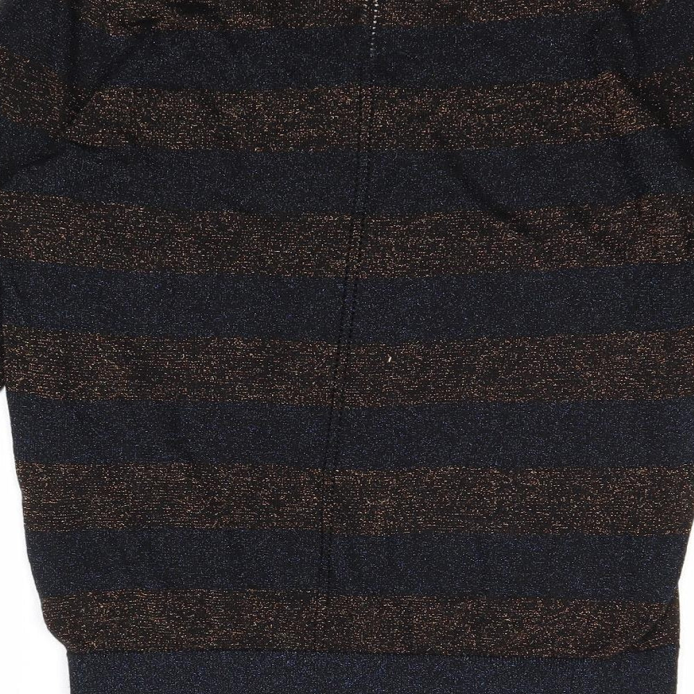 Brand and care label for Nine by Savannah Miller women’s multicoloured v-neck striped viscose jumper, size UK 10