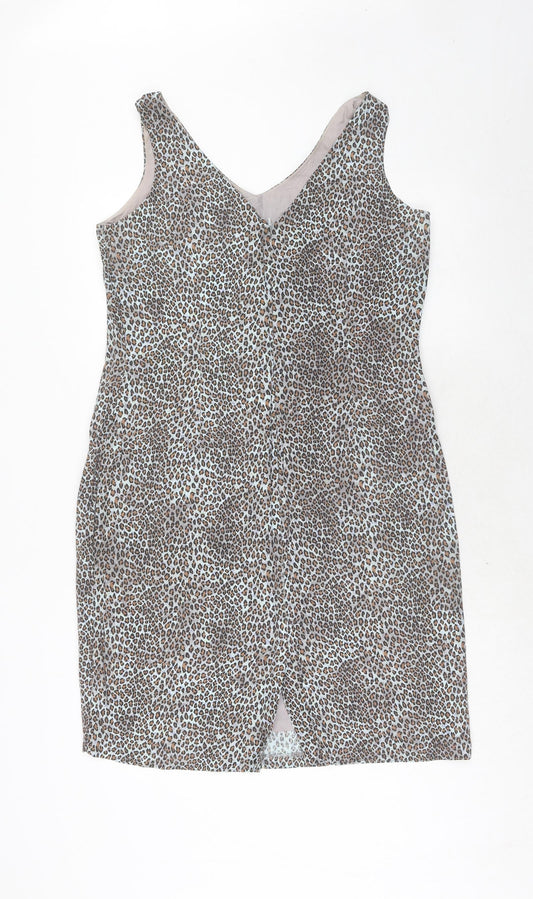 Annabelle London Womens Blue Animal Print Viscose A-Line Size 14 V-Neck Zip - Leopard Pattern