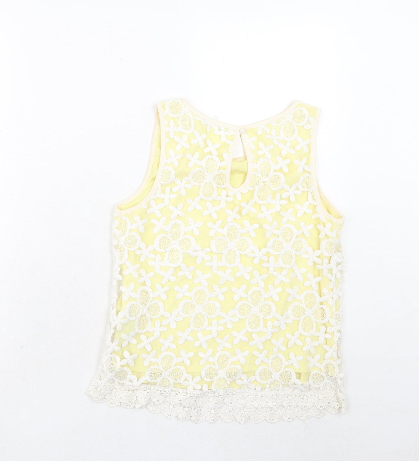 Suzy Shier Womens Yellow Geometric Cotton Basic Blouse Size M Boat Neck - Lace Overlay