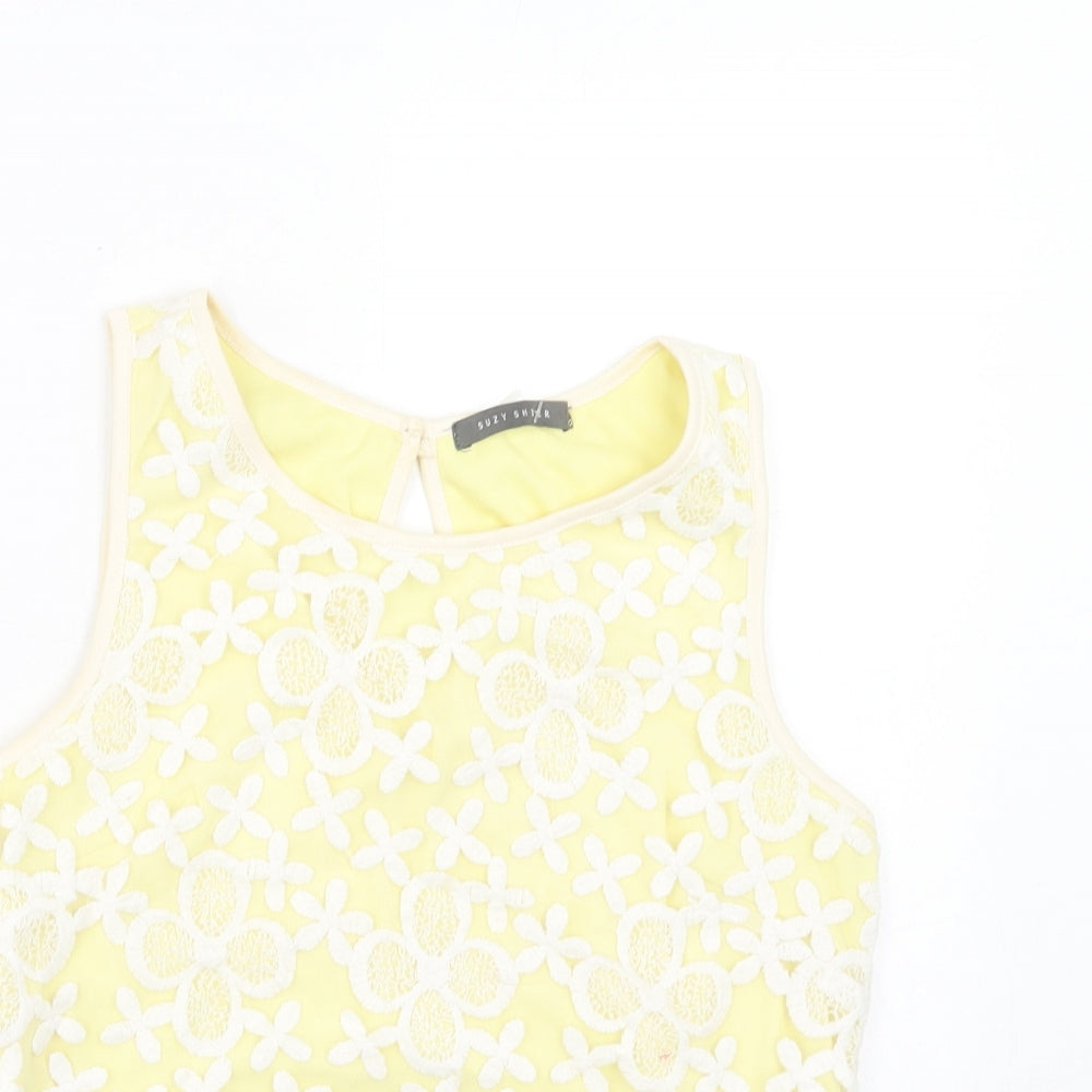 Suzy Shier Womens Yellow Geometric Cotton Basic Blouse Size M Boat Neck - Lace Overlay