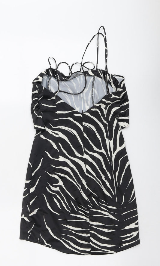 Zara Womens Black Animal Print Polyester A-Line Size XS V-Neck Zip - Zebra Pattern