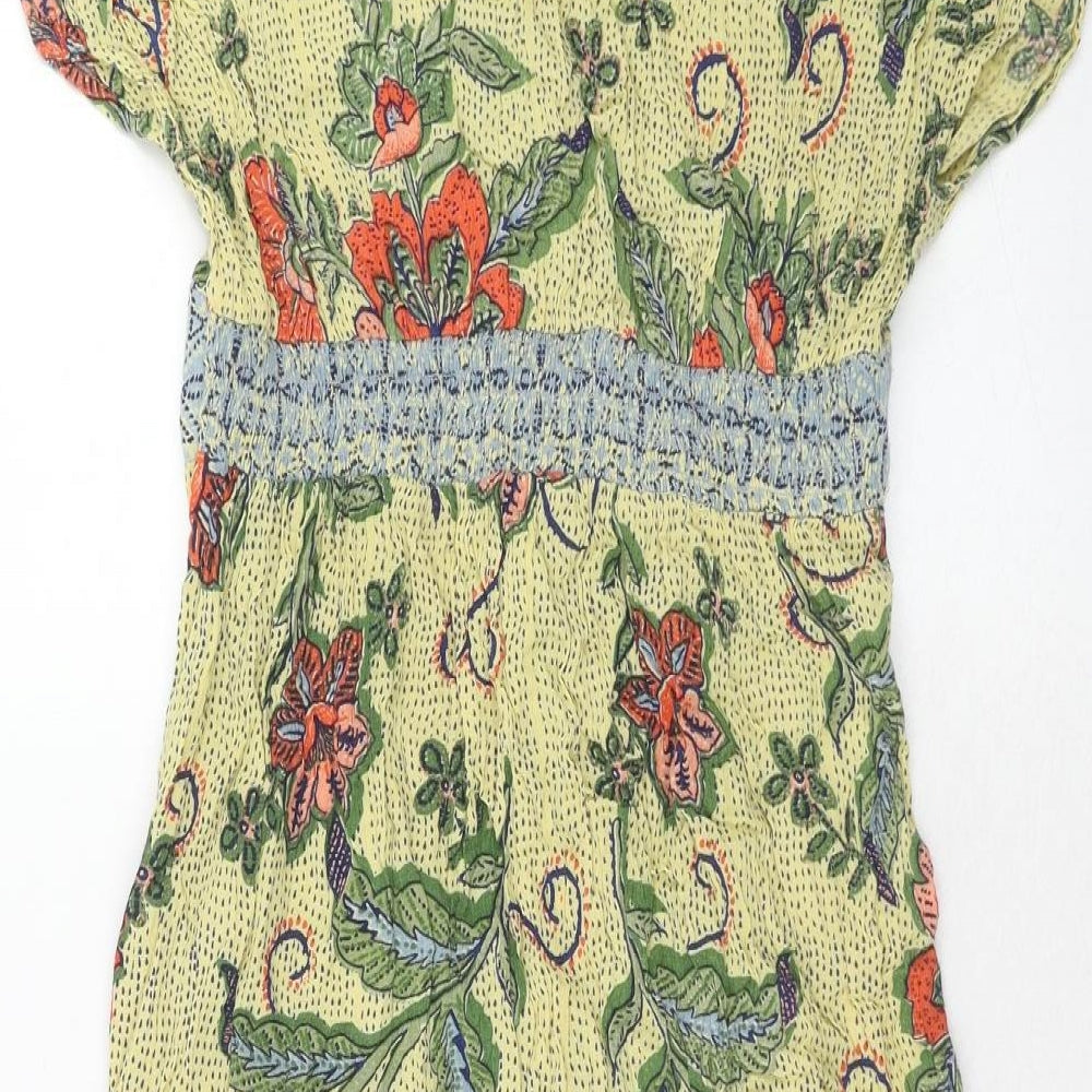 Angie Womens Yellow Floral Viscose Trapeze & Swing Size M V-Neck Button