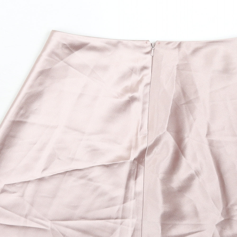 Brand and care label for AsYou women’s pink polyester mini skirt, size UK 8, zip