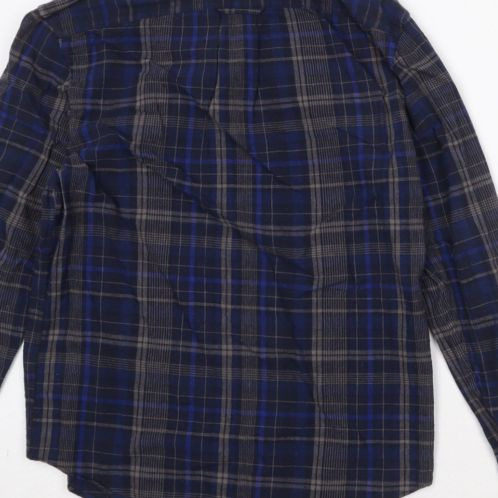 H&M Mens Blue Plaid Cotton Button-Up Size S Collared Button