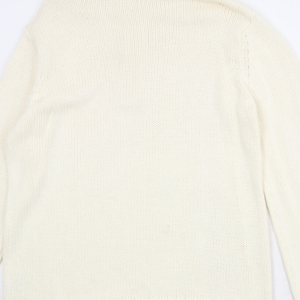 Brand and care label for EA women’s ivory high neck acrylic jumper, size L