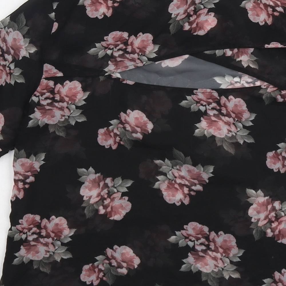 H&M Womens Black Floral Polyester Basic Blouse Size 8 Round Neck