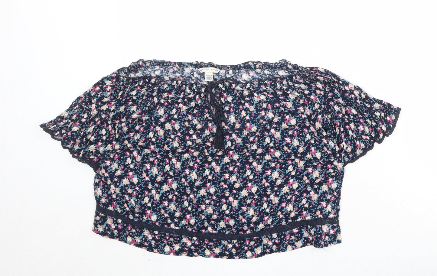 American Eagle Outfitters Womens Blue Geometric Viscose Basic Blouse Size S Boat Neck
