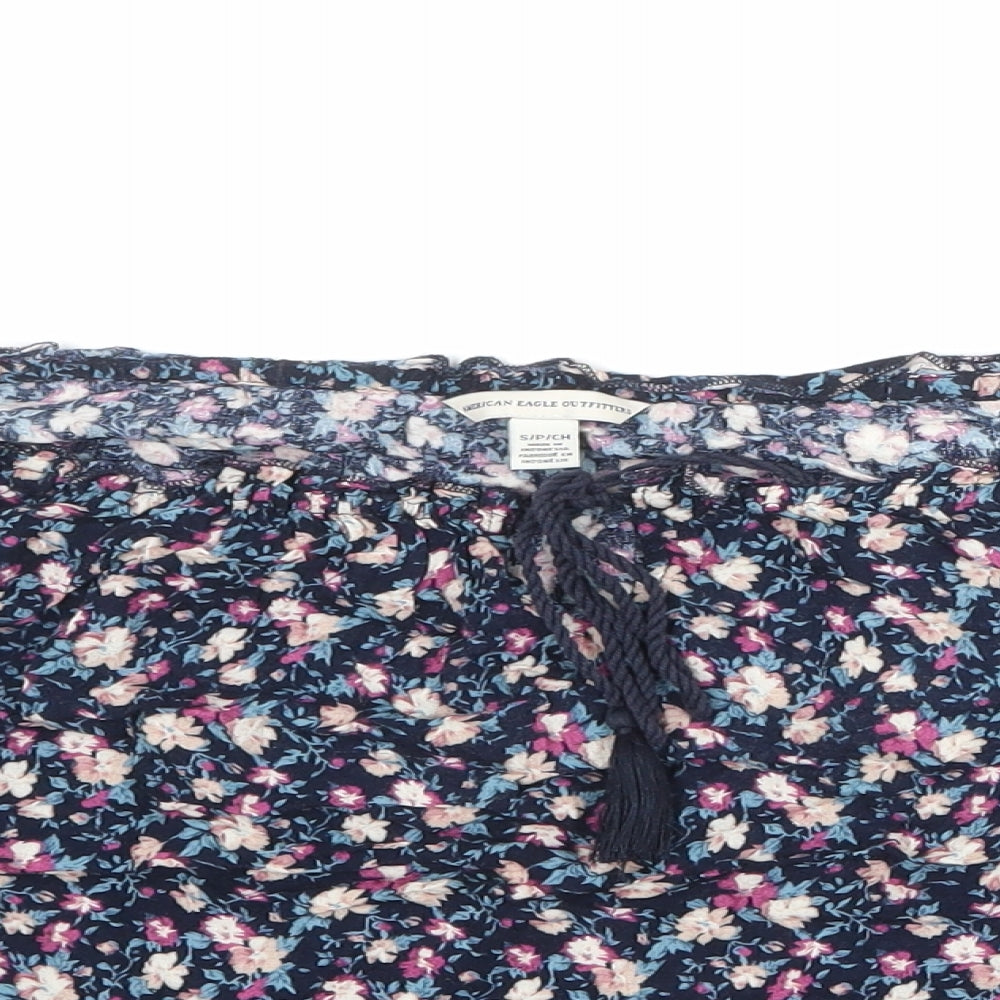 American Eagle Outfitters Womens Blue Geometric Viscose Basic Blouse Size S Boat Neck