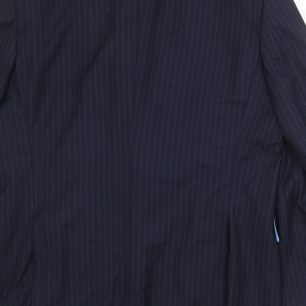Brand and care label for French Connection men’s blue striped polyester jacket suit jacket, size 42, regular