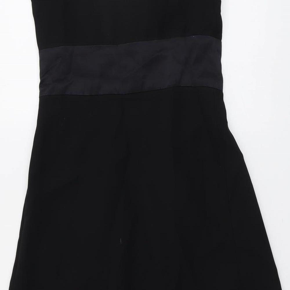 Brand and care label for Linea women’s black polyester skater dress, size UK 10, round neck zip