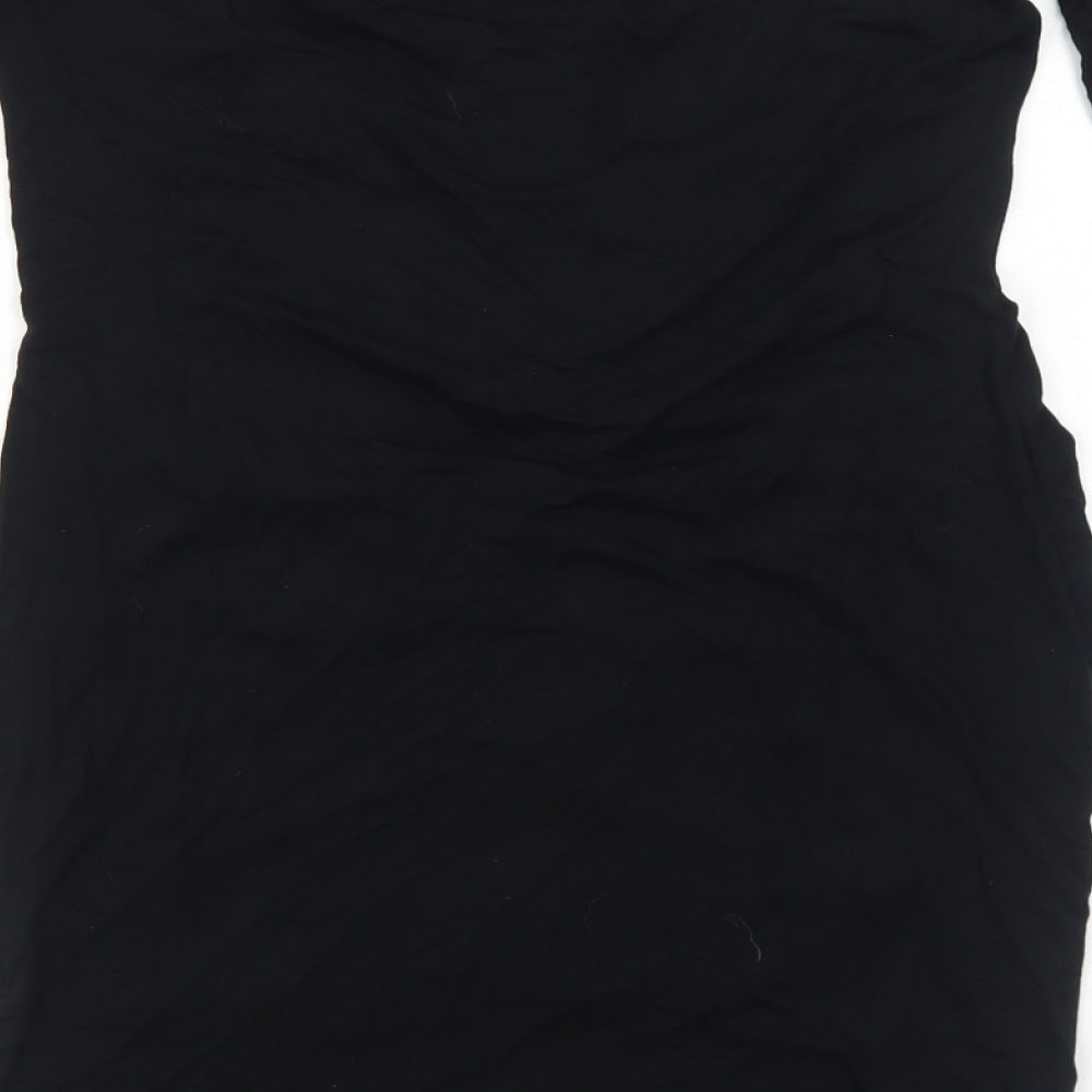 Brand and care label for ASOS women’s black viscose a-line, size UK 12, off the shoulder pullover