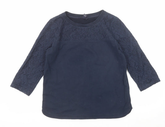 Lands' End Womens Blue Cotton Basic T-Shirt Size XS Round Neck - Lace Sleeve