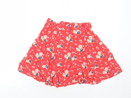 Topshop Womens Red Floral Viscose Skater Skirt Size 6 Zip