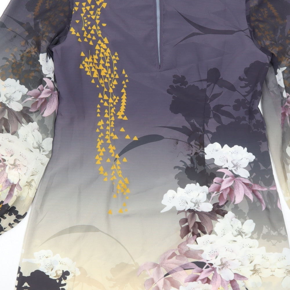 Brand and care label for Miss Selfridge women’s grey floral polyester shift, size UK 10, boat neck button