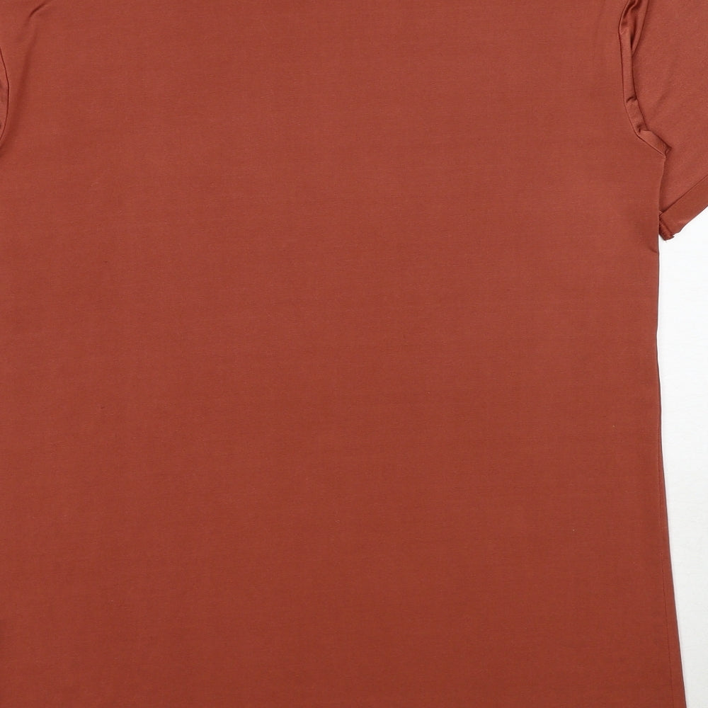 Brand and care label for ASOS women’s brown polyester t-shirt dress, size UK 6, round neck pullover
