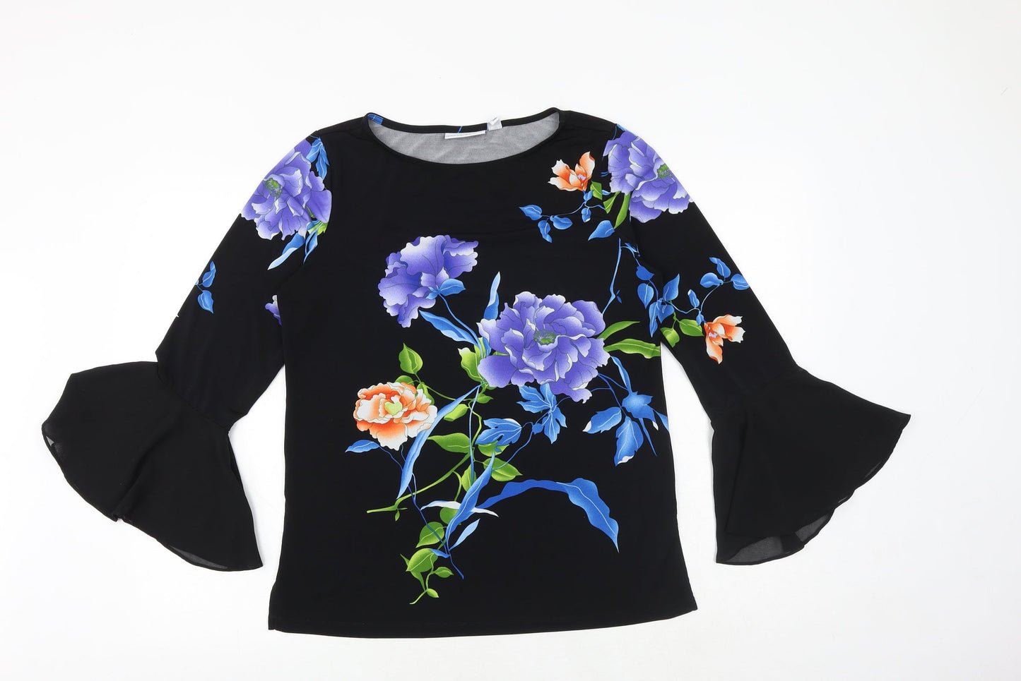 Susan Graver Womens Black Floral Polyester Basic Blouse Size S Round Neck