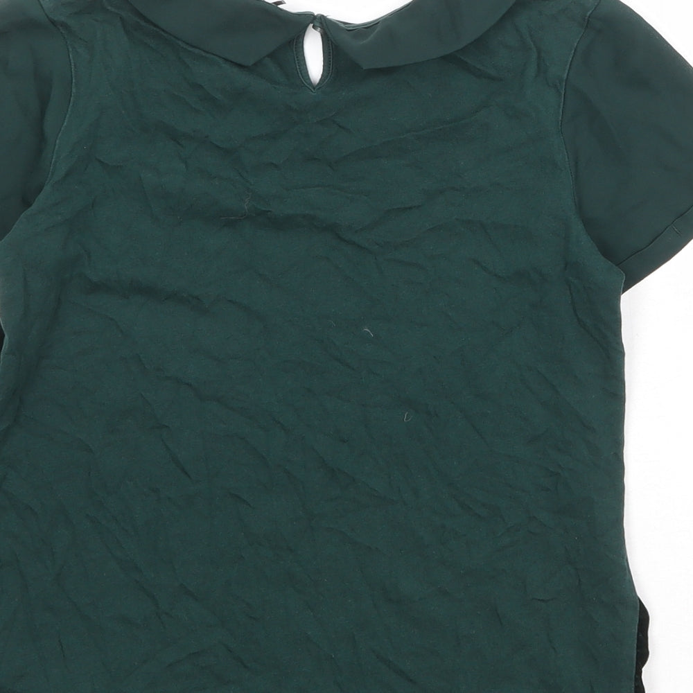 Brand and care label for Next girls’ green viscose pullover blouse, size 12, years collared button