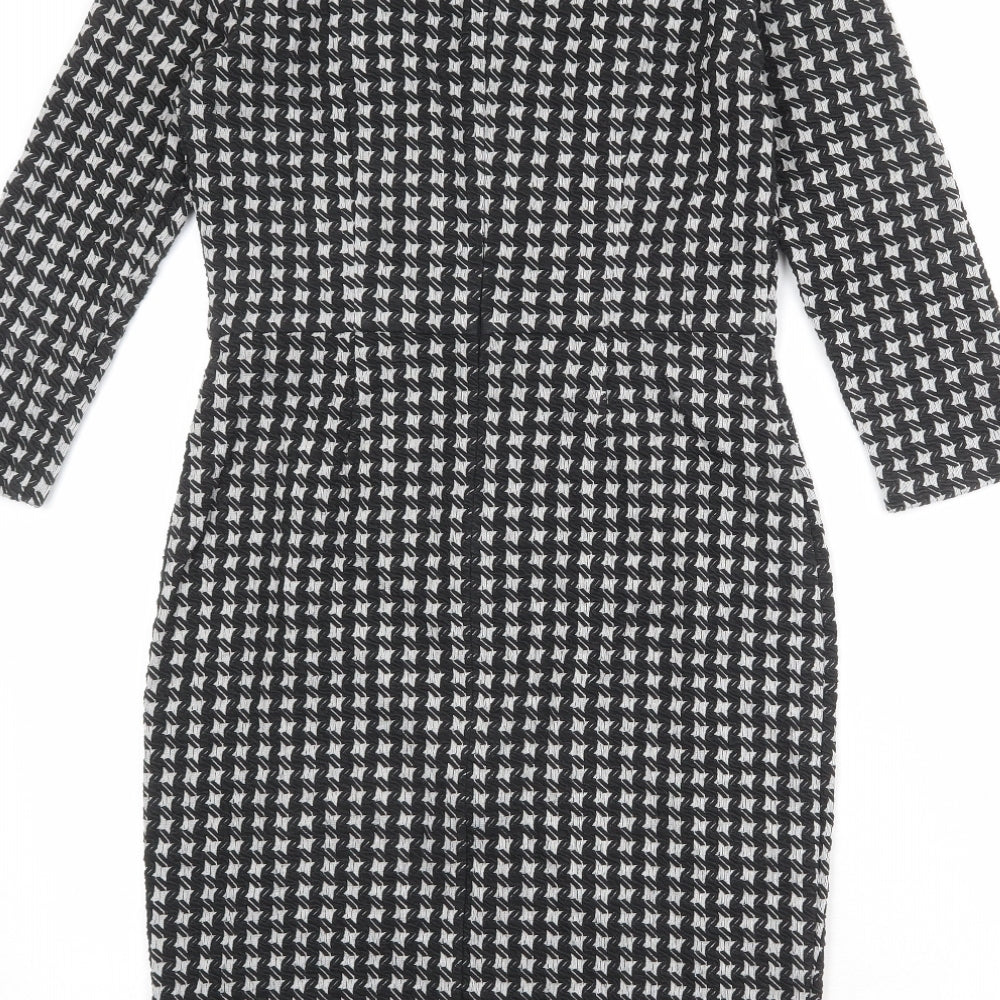 Brand and care label for PURE Collection women’s black geometric polyester pencil dress, size UK 8, v-neck pullover