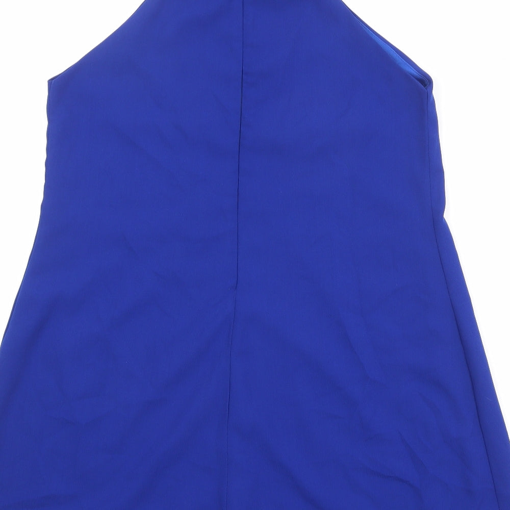 Brand and care label for Missguided women’s blue polyester trapeze & swing, size UK 12, halter zip