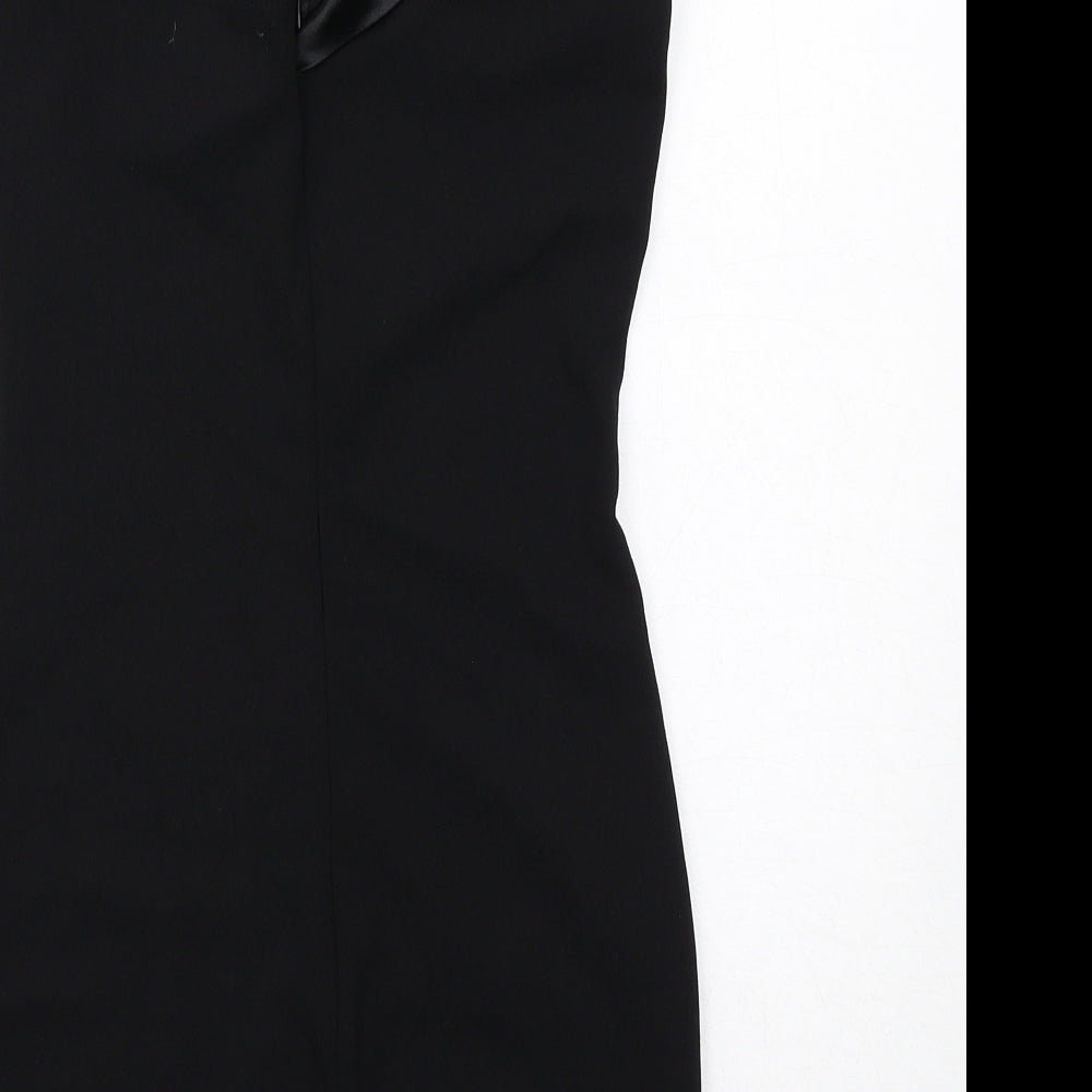 Brand and care label for In the Style women’s black polyester bodycon, size UK 8, one shoulder zip