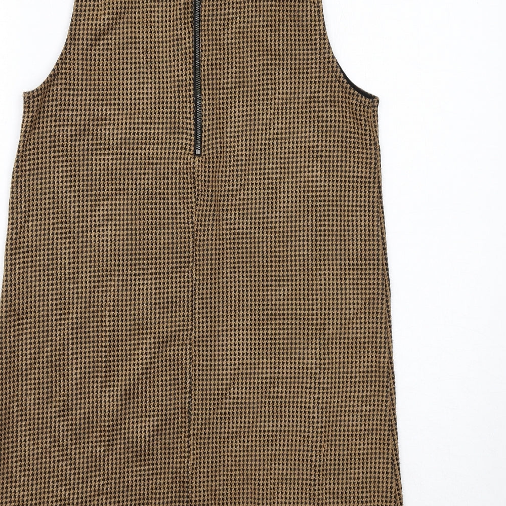 Brand and care label for Cooperative women’s brown geometric acrylic a-line, size XS, mock neck zip