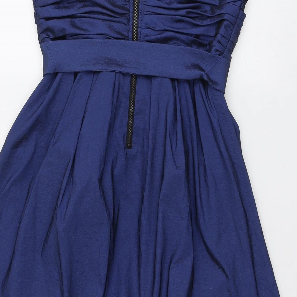 Brand and care label for Vera Mont women’s blue polyester mini, size UK 10, square neck zip - strapless