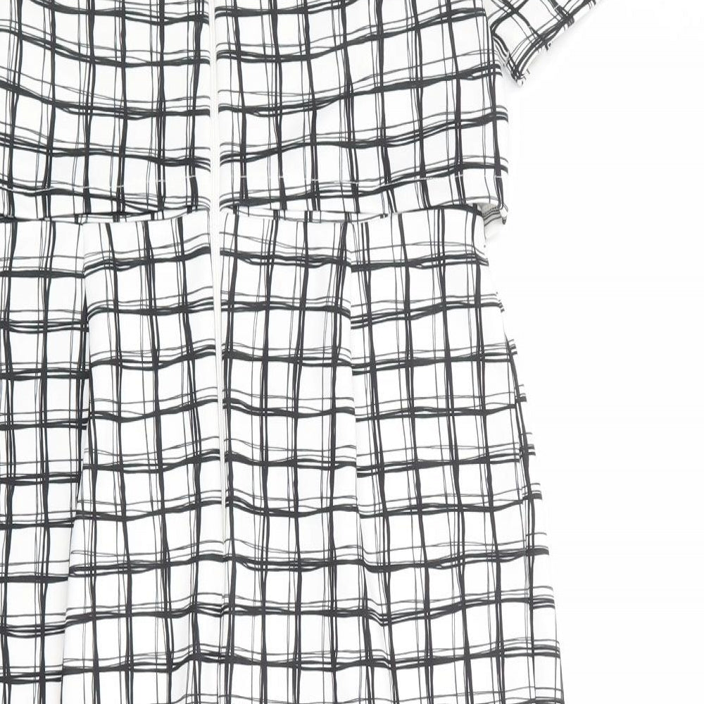 Brand and care label for ASOS women’s white check polyester shift, size UK 12, round neck zip