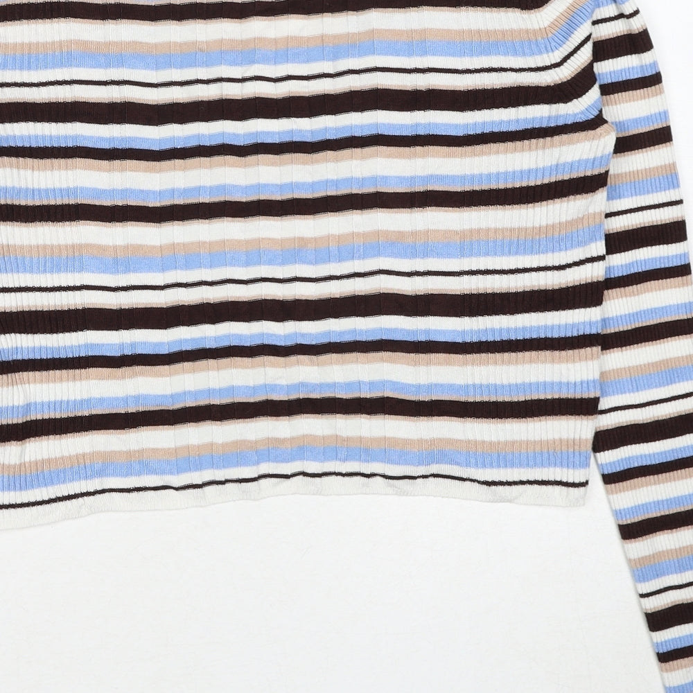 Brand and care label for Miss Selfridge women’s multicoloured collared striped viscose jumper, size UK 12