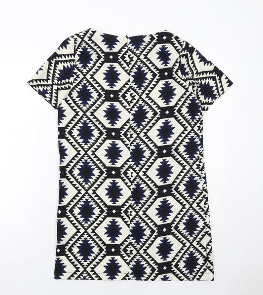 Vera & Lucy Womens White Geometric Polyester Shift Size M Boat Neck Zip