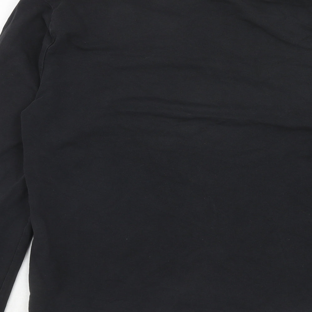 Brand and care label for ASOS women’s black cotton pullover sweatshirt, size M, pullover