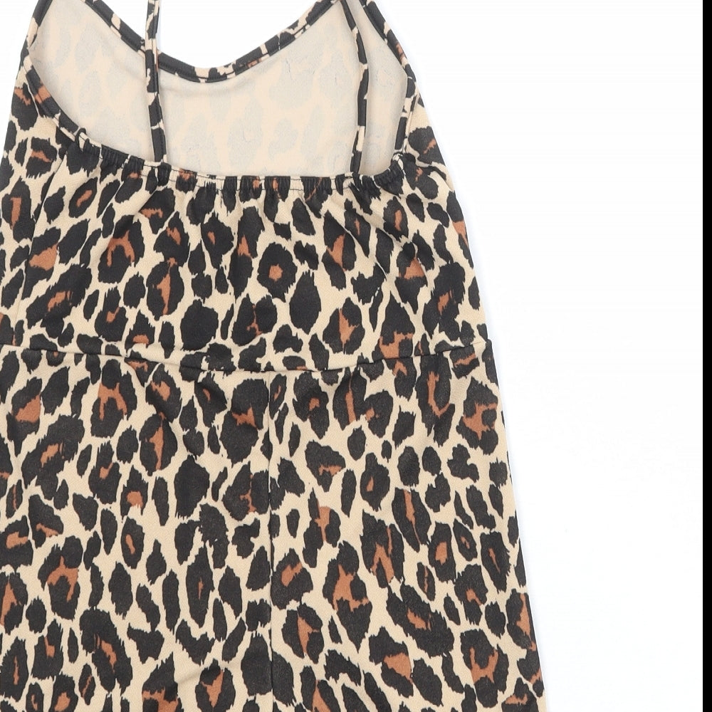 Brand and care label for I SAW IT FIRST women’s brown animal print polyester playsuit one-piece, pullover - leopard print