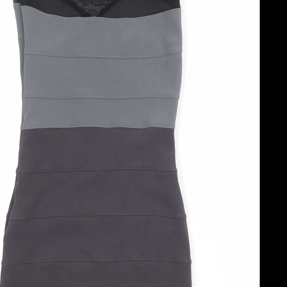 Brand and care label for Miss Selfridge women’s grey colourblock polyester bodycon, size UK 12, round neck pullover