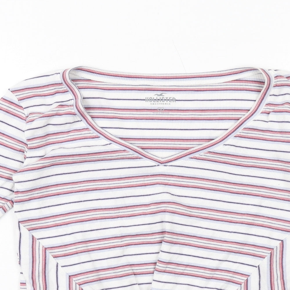 Hollister Womens White Striped Cotton Basic T-Shirt Size S V-Neck
