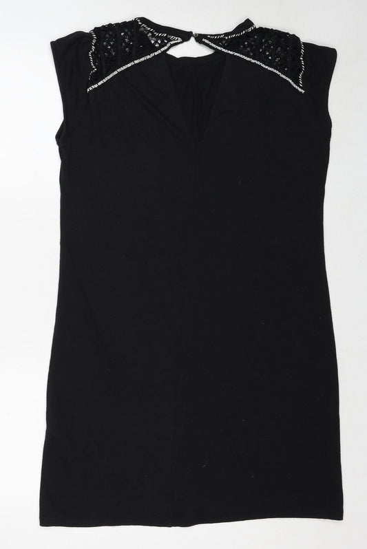 Garcia Womens Black Linen A-Line Size L Round Neck Button