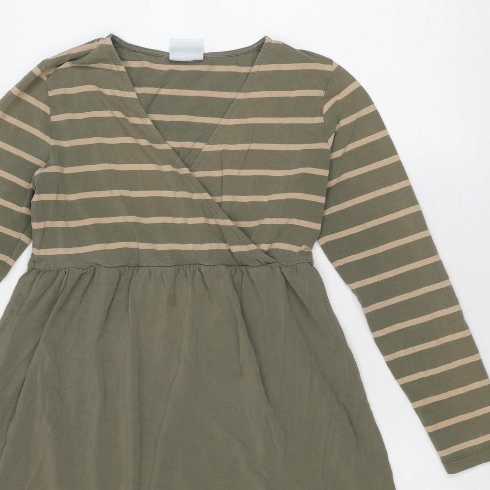Mama-licious Womens Green Striped Cotton A-Line Size M V-Neck Pullover