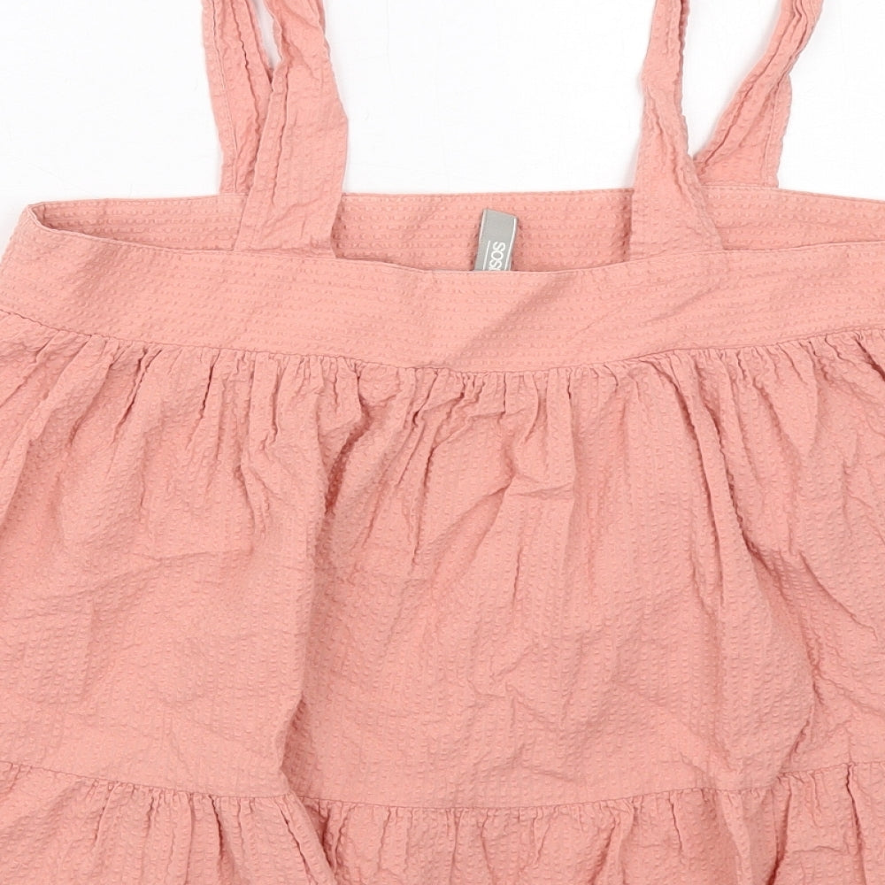 Brand and care label for ASOS women’s pink cotton basic tank, size UK 8, square neck