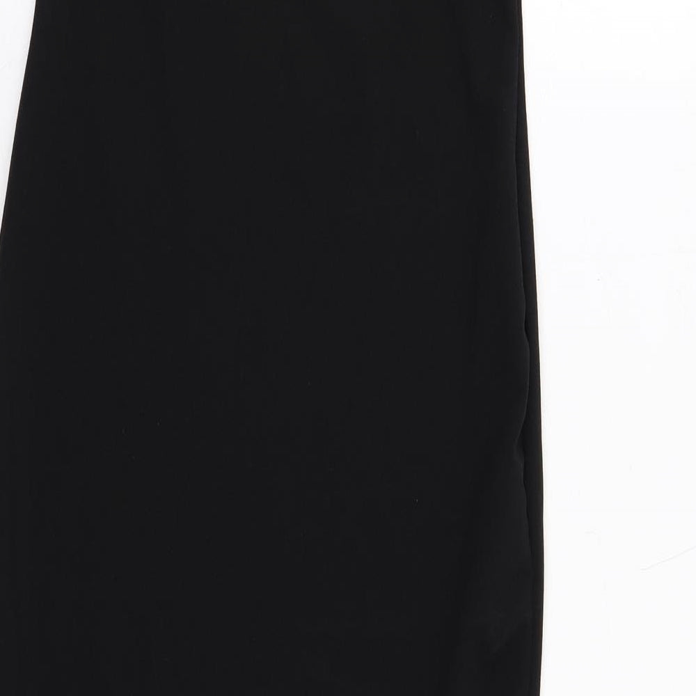 Brand and care label for Missguided women’s black polyester fit & flare, size UK 8, square neck pullover