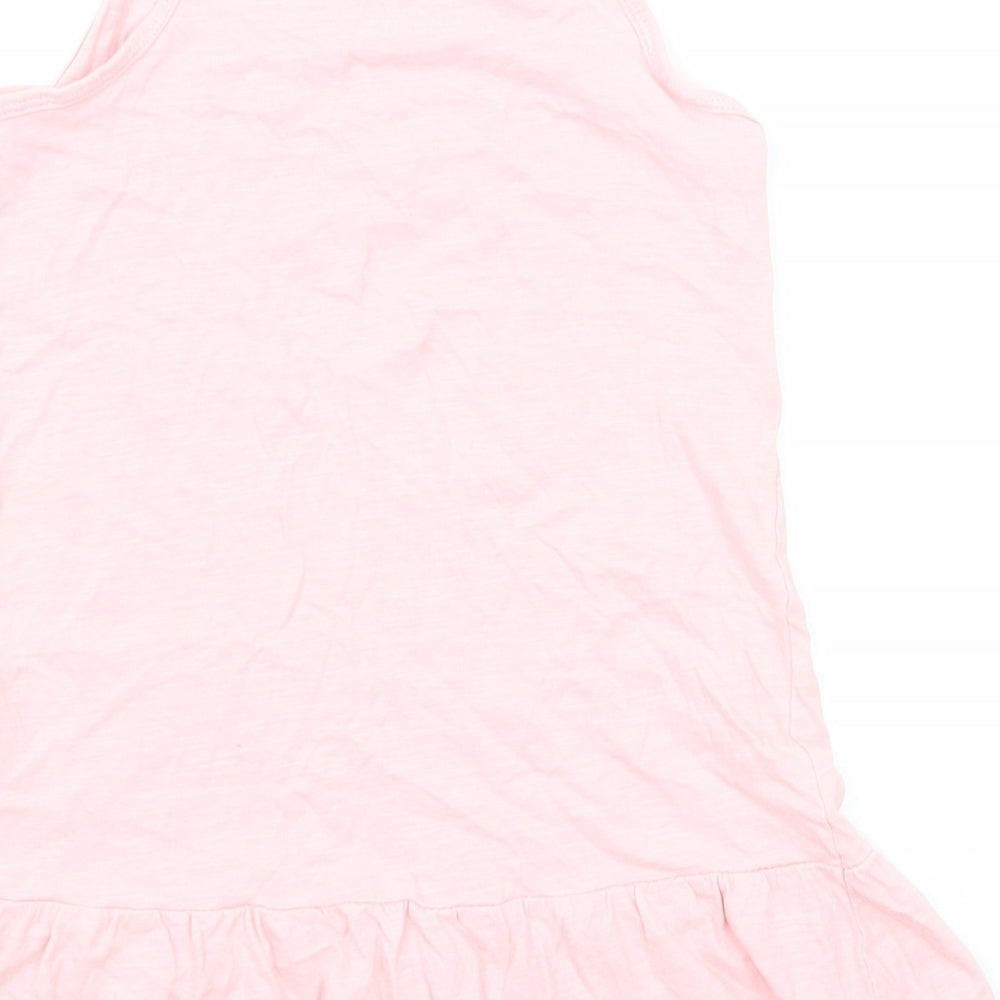Brand and care label for H&M girls’ pink cotton camisole tank, size 4-5, years round neck pullover