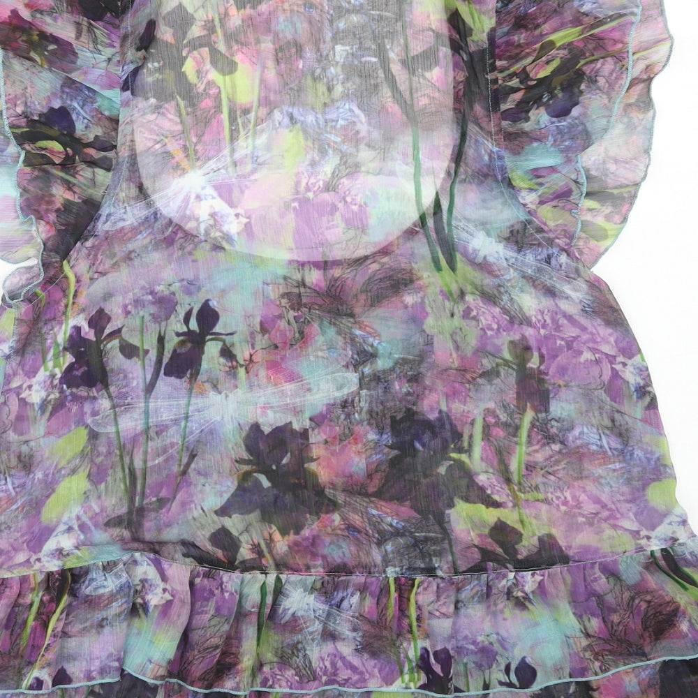 Brand and care label for Miss Selfridge women’s purple geometric polyester basic blouse, size UK 12, scoop neck
