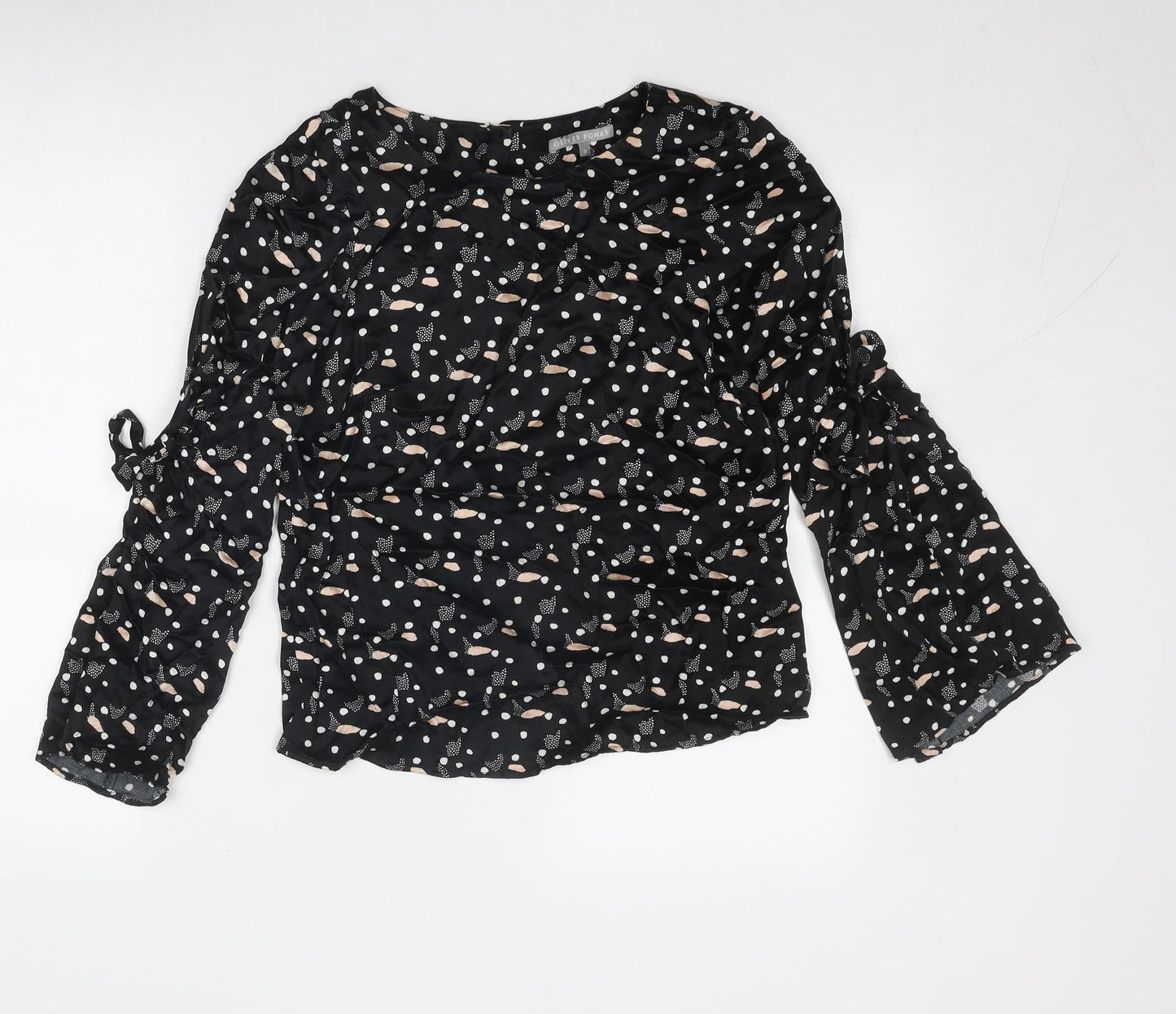 Oliver Bonas Womens Black Geometric Viscose Basic Blouse Size 8 Round Neck