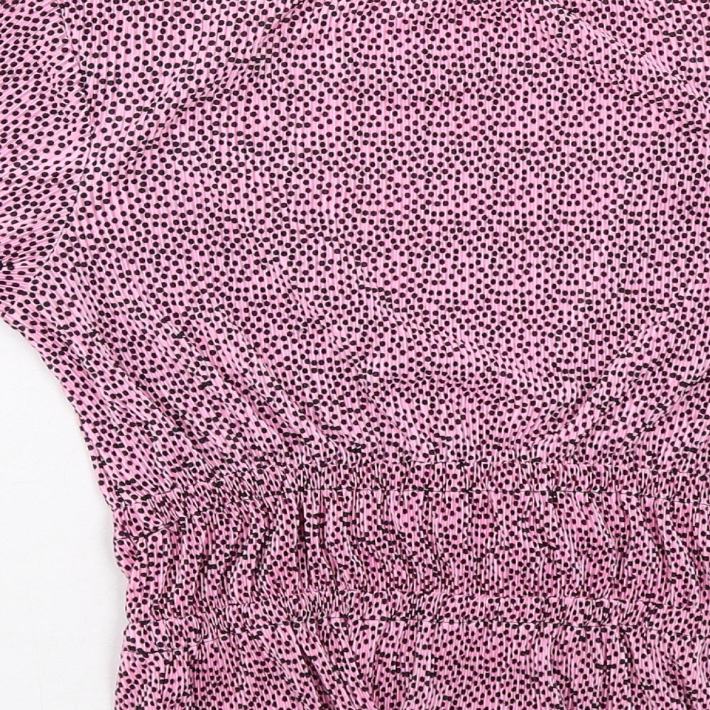 Pull&Bear Womens Pink Polka Dot Polyester Basic T-Shirt Size M V-Neck