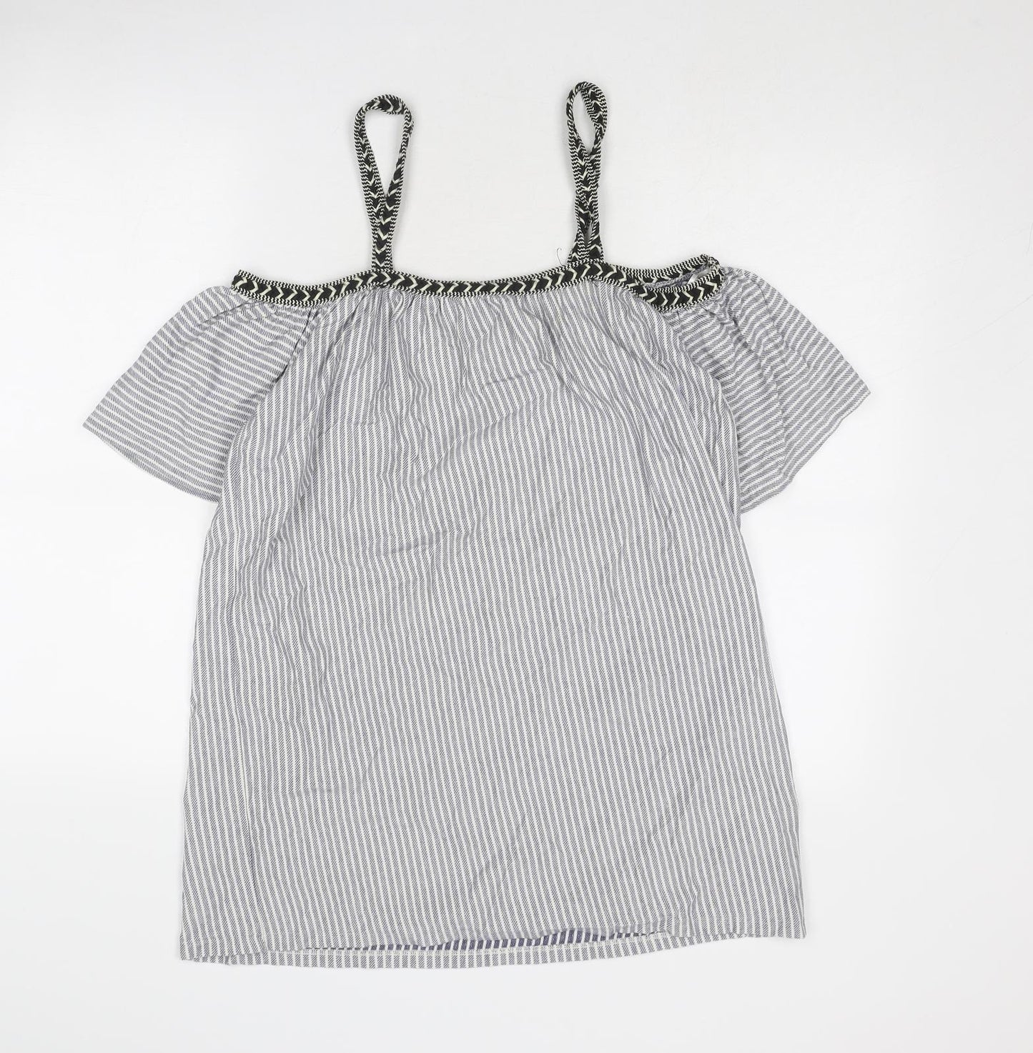 Pull&Bear Womens Blue Striped Cotton Basic Blouse Size M Off the Shoulder