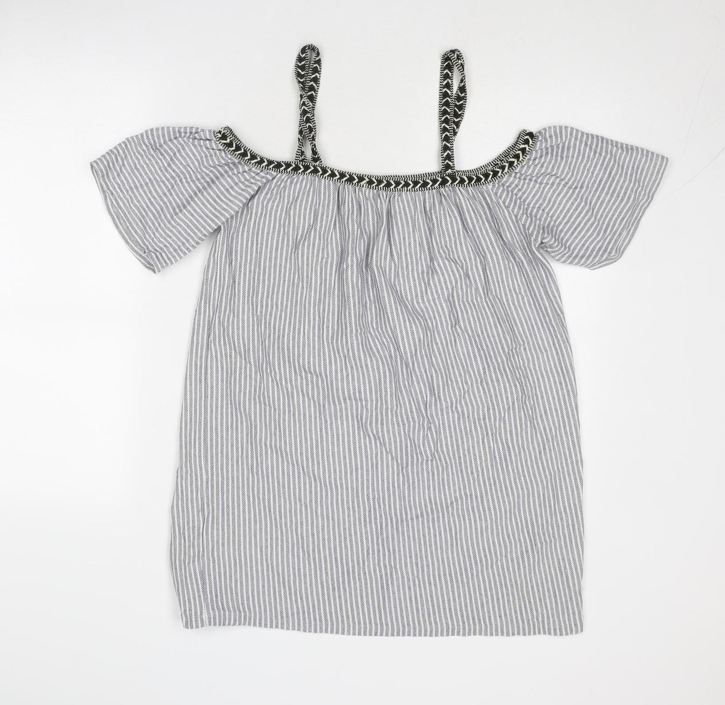 Pull&Bear Womens Blue Striped Cotton Basic Blouse Size M Off the Shoulder