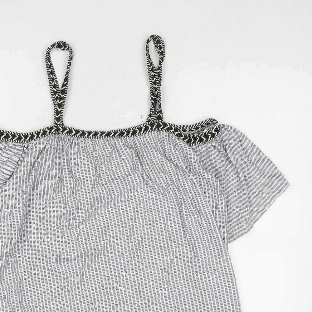 Pull&Bear Womens Blue Striped Cotton Basic Blouse Size M Off the Shoulder